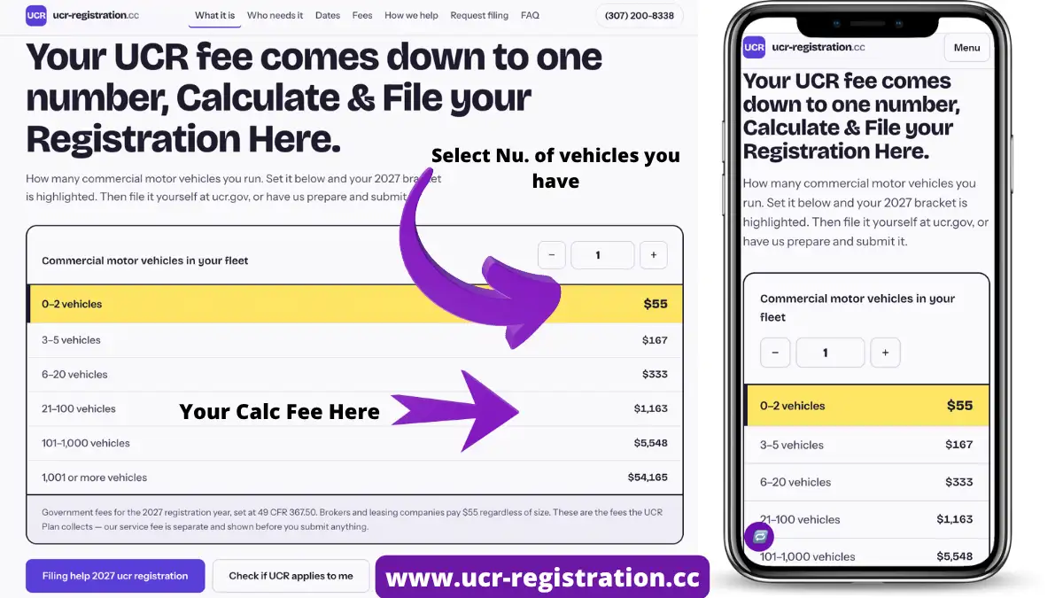 The UCR fee calculator on ucr-registration.cc shown on desktop and mobile. Setting the vehicle count highlights the matching 2027 bracket, from $55 for 0–2 vehicles up to $54,165 for 1,001 or more.
